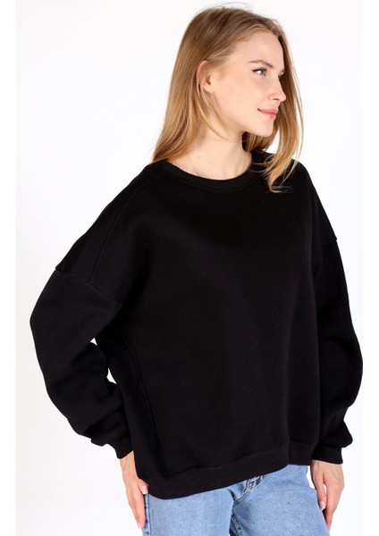Siyah Bisiklet Yaka Oversize Kadın Sweatshirt 9152M modelleri