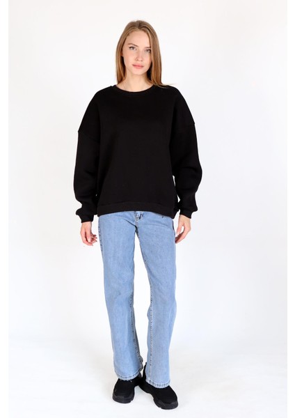 Siyah Bisiklet Yaka Oversize Kadın Sweatshirt 9152M fırsatları