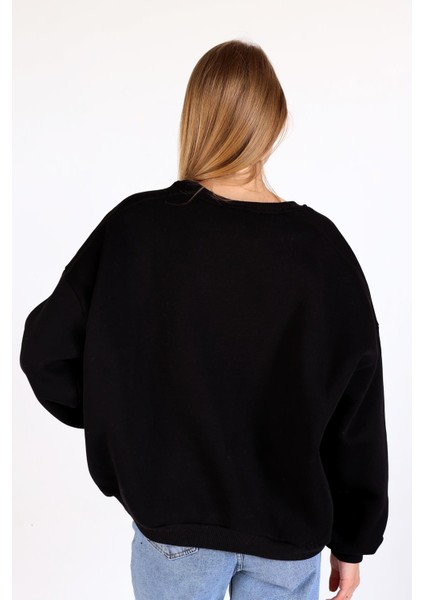 Siyah Bisiklet Yaka Oversize Kadın Sweatshirt 9152M indirimleri