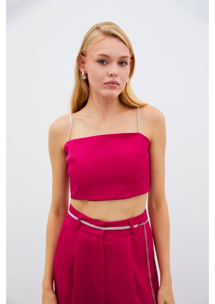 Taş Askılı Saten Crop Bluz - Mercan