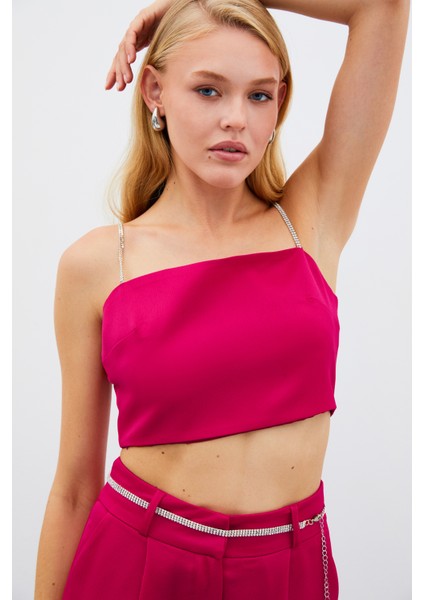 Taş Askılı Saten Crop Bluz - Mercan fiyatları