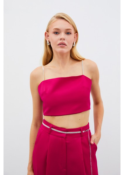 Taş Askılı Saten Crop Bluz - Mercan modelleri