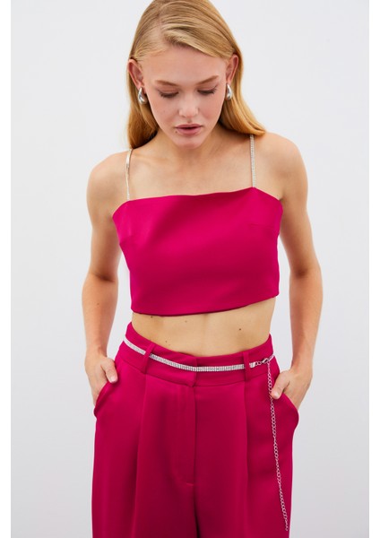 Taş Askılı Saten Crop Bluz - Mercan fırsatları