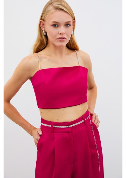 Taş Askılı Saten Crop Bluz - Mercan indirimleri