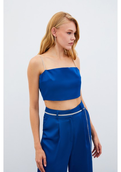 Taş Askılı Saten Crop Bluz - Mavi fiyatları