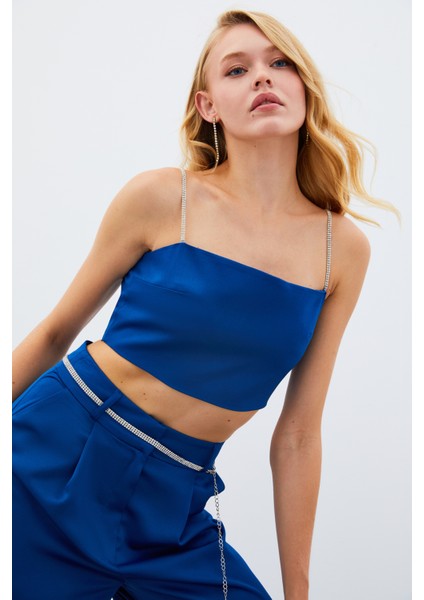 Taş Askılı Saten Crop Bluz - Mavi modelleri