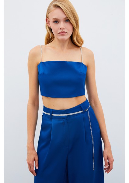 Taş Askılı Saten Crop Bluz - Mavi fırsatları