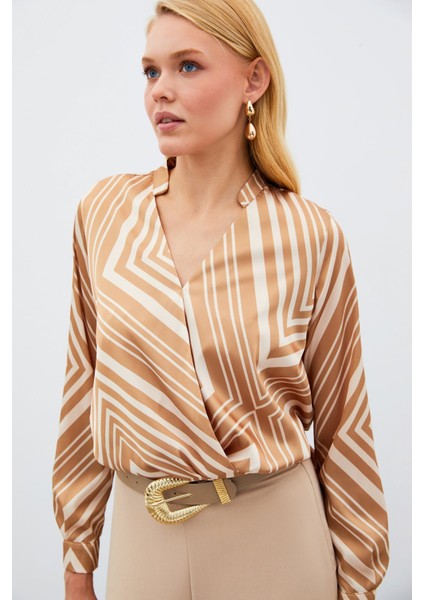 Kruvaze Desenli Bluz - Kahve
