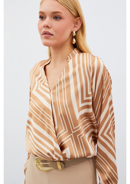 Kruvaze Desenli Bluz - Kahve fiyatları