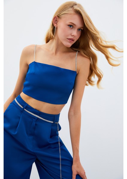 Taş Askılı Saten Crop Bluz - Mavi