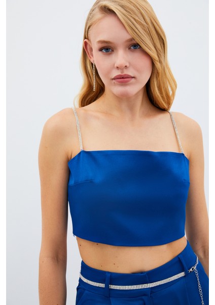 Taş Askılı Saten Crop Bluz - Mavi indirimleri