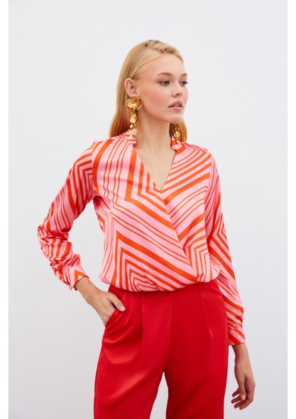 Kruvaze Desenli Bluz - Fusya