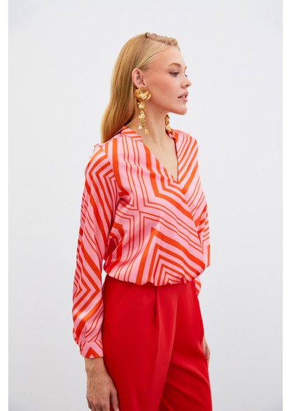 Kruvaze Desenli Bluz - Fusya fiyatları