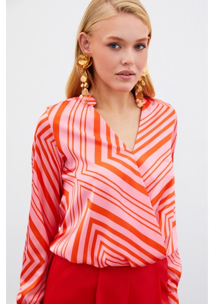 Kruvaze Desenli Bluz - Fusya modelleri
