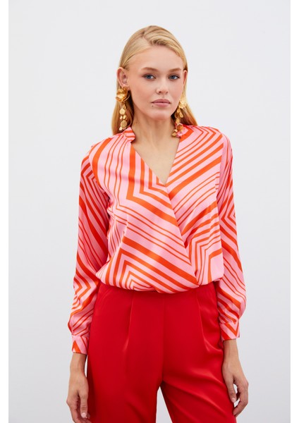 Kruvaze Desenli Bluz - Fusya fırsatları