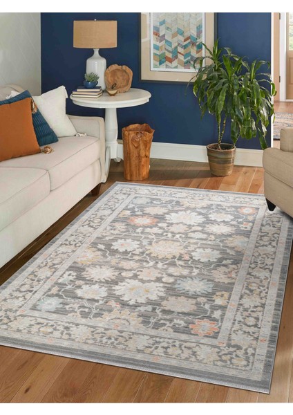 Rustik 2223 Klasik Vintage Salon Gri Country Mutfak Halısı Tozumaz Yumuşak Makine Halısı 160x230