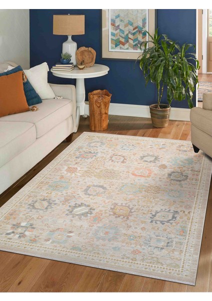 Rustik 2221 Klasik Vintage Salon Bej Country Mutfak Halısı Tozumaz Yumuşak Makine Halısı 100x300