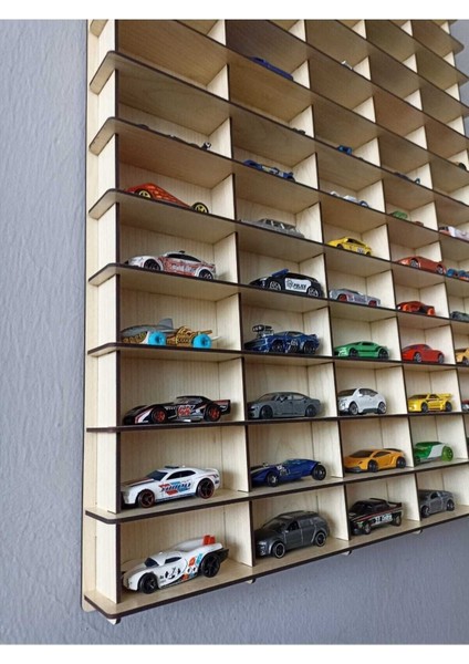 Ahşap Araba Rafı 100'LÜ Yatay Akça Ağaç (Krem) Renk (Hotwheels ve Matcbox Arabaları Için Uygundur) modelleri