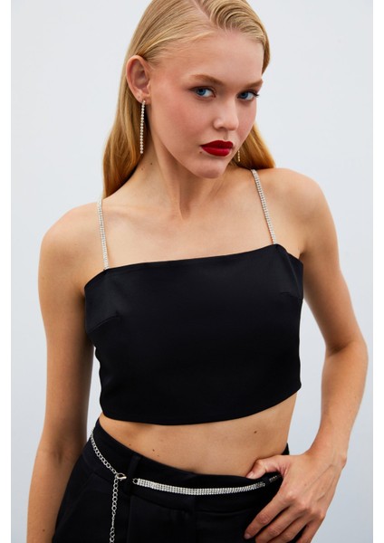 Taş Askılı Saten Crop Bluz - Siyah
