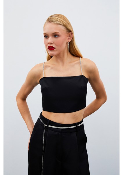 Taş Askılı Saten Crop Bluz - Siyah fiyatları