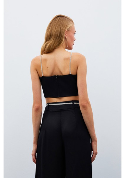 Taş Askılı Saten Crop Bluz - Siyah fırsatları