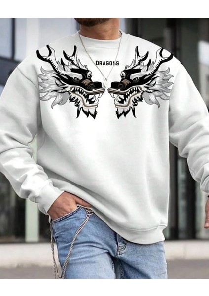 Oversize Erkek Dragons Baskılı Beyaz Bisiklet Yaka Sweatshirt