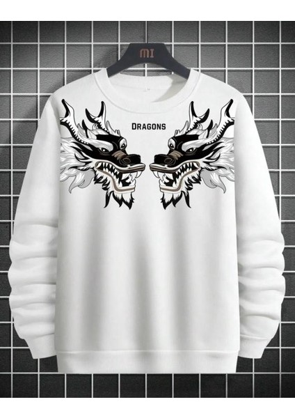 Oversize Erkek Dragons Baskılı Beyaz Bisiklet Yaka Sweatshirt