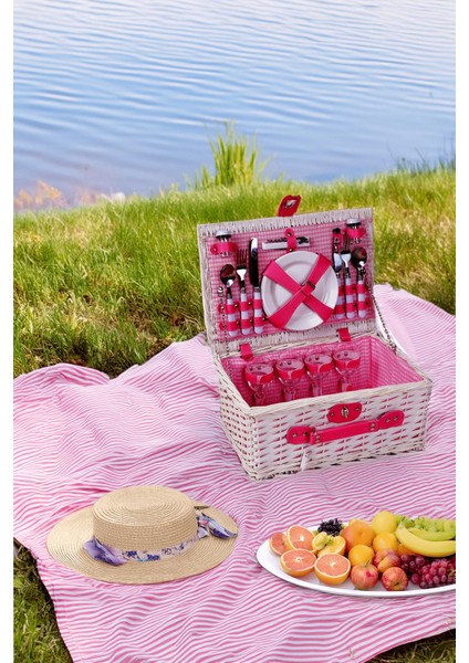 Picno Italy 2 Kişilik Hasır, Yalıtımlı Pembe Astarlı, Aksesuar Sepeti İle Taşınabilir Piknik Sepeti