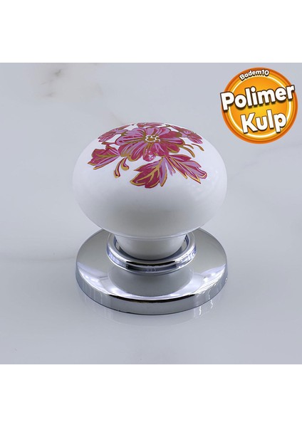 Polimer Düğme Kulp Pembe Desenli Krom Tablalı Dolap Mobilya Mutfak Dolabı Çekmece Kulbu