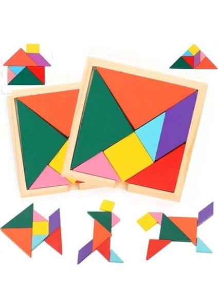 2 Adet, Ahşap Tangram, Eğitici, 7 Parça, 11 x 11 Cm, Kaliteli