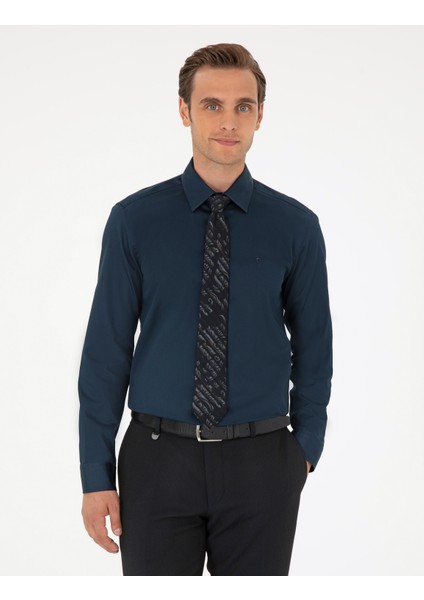 Erkek Lacivert Slim Fit Uzun Kollu Basic Gömlek 50292520-VR033
