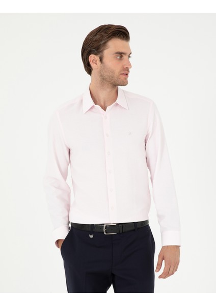 Erkek Açık Pembe Slim Fit Armürlü Uzun Kollu Gömlek 50294742-VR078