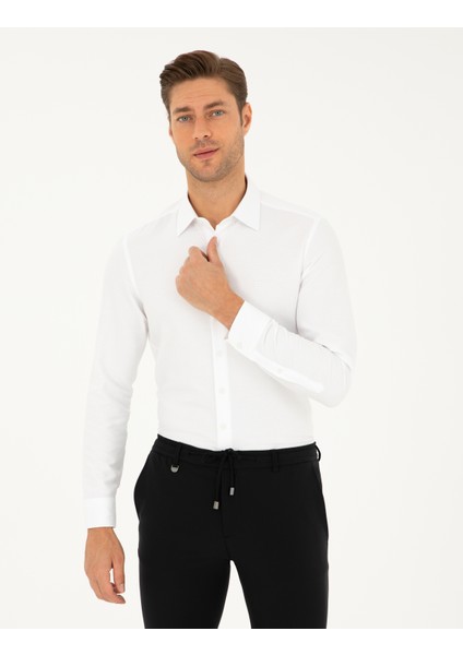 Erkek Beyaz Armürlü Slim Fit Uzun Kollu Gömlek 50294742-VR013