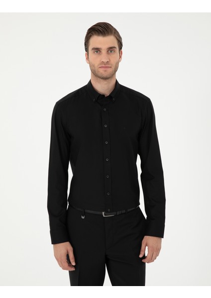 Erkek Siyah Slim Fit Uzun Kollu Gömlek 50295909-VR046