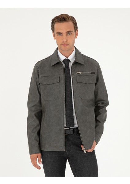 Erkek Antrasit Gömlek Yaka Suni Deri Ceket 50300561-070