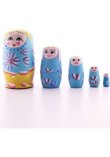 Matruşka Bebek Tombul Iç Içe Ahşap Tombul Iç Içe Matruşka Bebek Mavi 1 Set 5li Büyük Boy