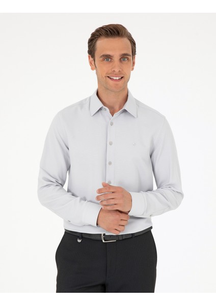 Erkek Gri Armürlü Slim Fit Uzun Kollu Gömlek 50294742-VR024