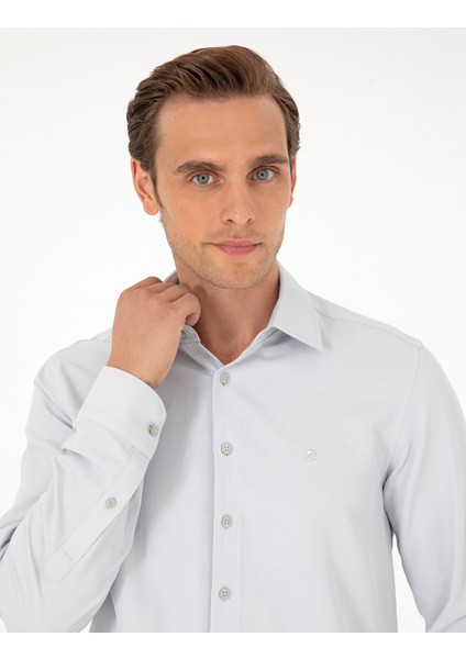 Erkek Gri Armürlü Slim Fit Uzun Kollu Gömlek 50294742-VR024