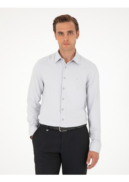 Erkek Gri Armürlü Slim Fit Uzun Kollu Gömlek 50294742-VR024