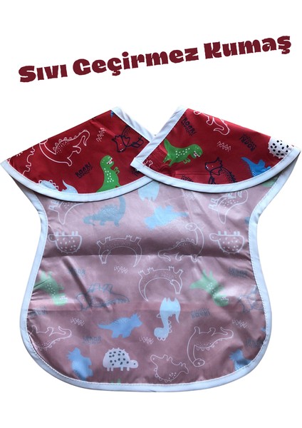 Bambino Kids Dinozor Desen Kolsuz Ön Cepli Mama Önlüğü-Kırmızı/beyaz