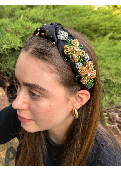 BYM8006 Tasarım Saç Aksesuarı El Işi Kına Abiye Nişan Çiçekli Siyah Kadın Saç Tacı