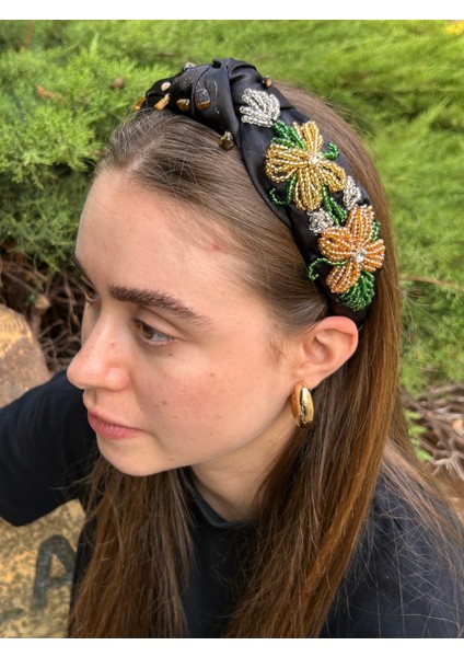 BYM8006 Tasarım Saç Aksesuarı El Işi Kına Abiye Nişan Çiçekli Siyah Kadın Saç Tacı fiyatları