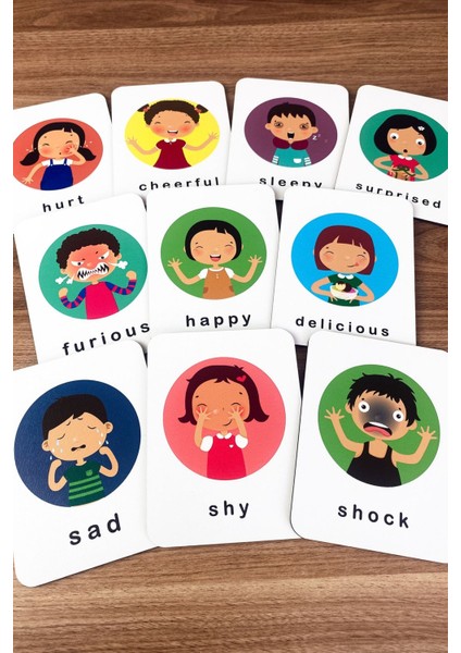 Duygular Öğreniyorum Ingilizce Ahşap Eğitici Kartlar - Duygusal Gelişim Kart Seti Emotions