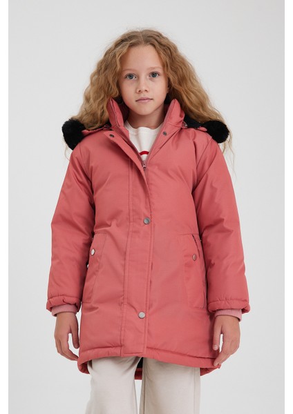 Pembe Kız Çocuk %100 Su ve Rüzgar Geçirmez Çıkartılabilir Kapüşonlu Içi Kürklü Şişme Mont&kaban