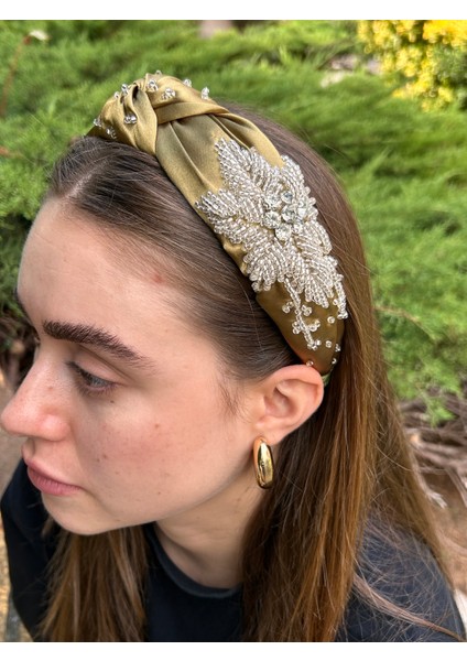 BYM8003 Tasarım El Işlemesi Saç Tacı Yeşil Kına Nişan Abiye Taşlı Kadın Saç Tacı