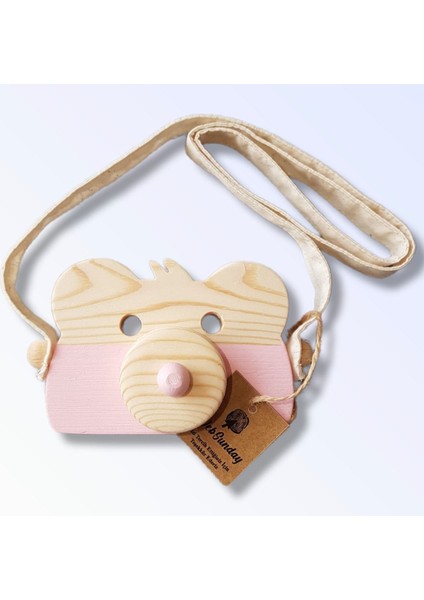 Ahşap Eğitici Oyuncak Ayıcık Fotoğraf Makinesi, Şirin Oyuncak Kamera, Hayvan Oyuncak - Bebek Pembe