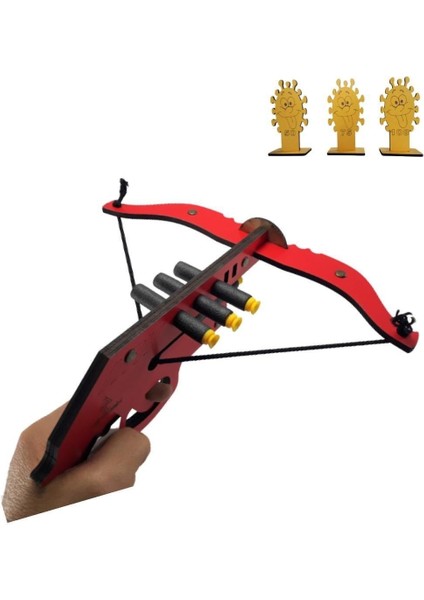 Ahşap Sünger Mermi Atan Oyuncak Tetikli Arbalet (Crossbow) Yay + Hedefler