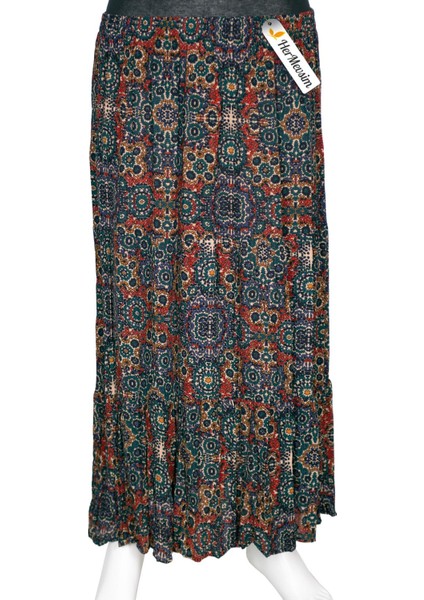 Hesna Kadın Olcay Yazlık Dokuma Viskon 3 Kat Etnik Petrol Etek