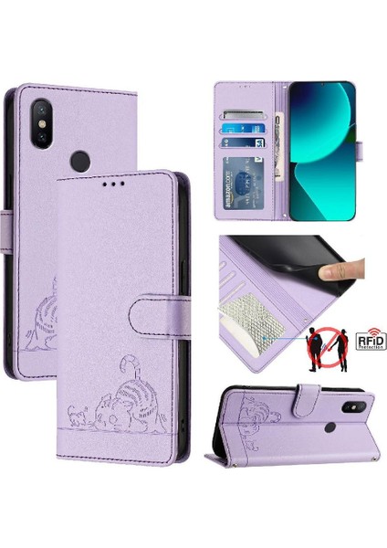 Xiaomi Mi A2 Kedi Rfıd Cüzdan Kapak Çevirin Kart Yuvası Tutucu Kickstand (Yurt Dışından)