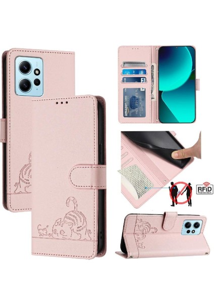 Xiaomi Redmi Için Not 12 4g Kedi Rfıd Cüzdan Kapak Çevirin Kart Yuvası (Yurt Dışından)